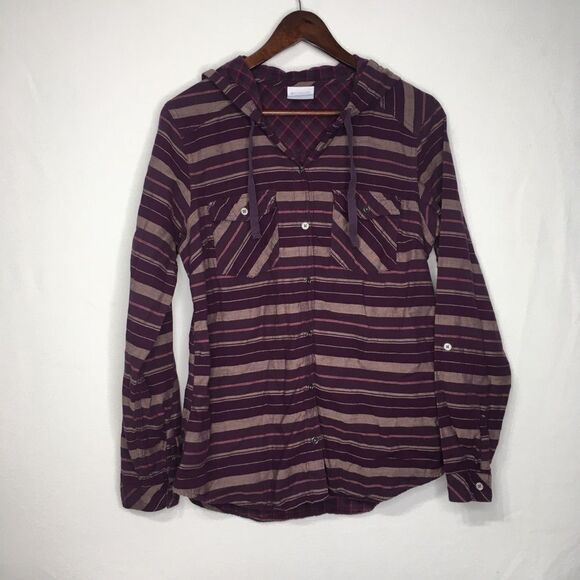 Columbia Striped Hooded Button Down Long Sleeve Shirt Sz S - Picture 2 of 14